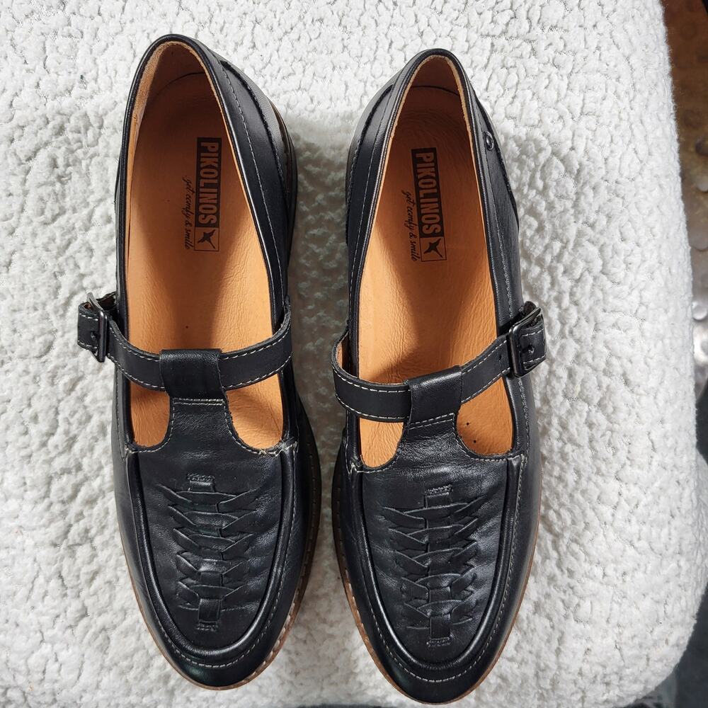PIKOLINOS Black Mary Jane Loafers with Woven Toe Detail